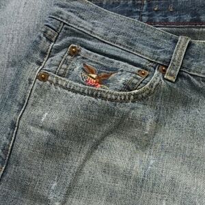 American living distressed jeans light wash embroidered Eagle flag